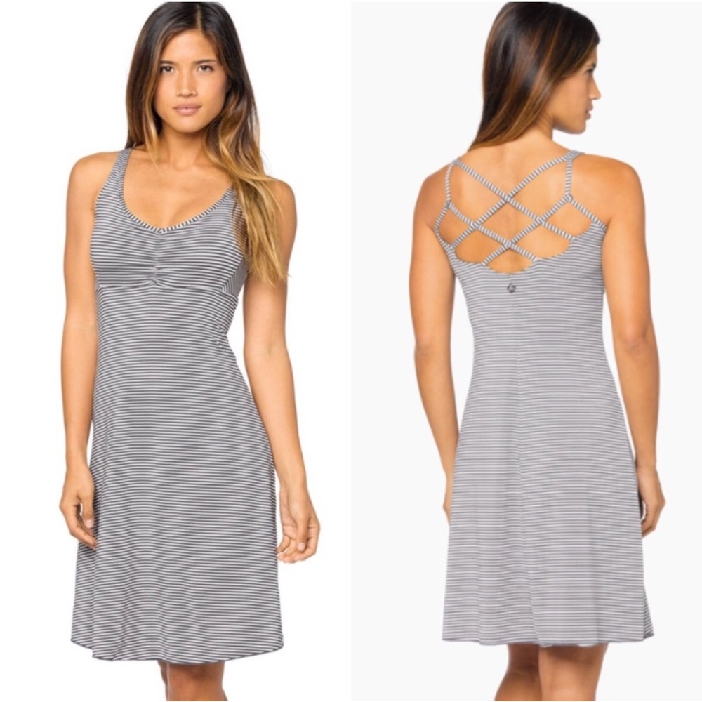 Prana Rebecca Strappy Striped Dress Womens M Gray White Built In Bra Activewear